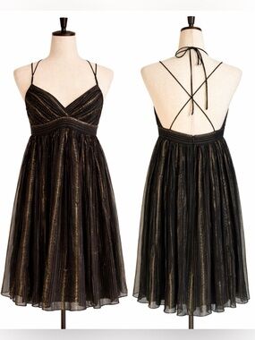 Arden B silk metallic gold and black babydoll dress- tie Spaghetti straps-- 6